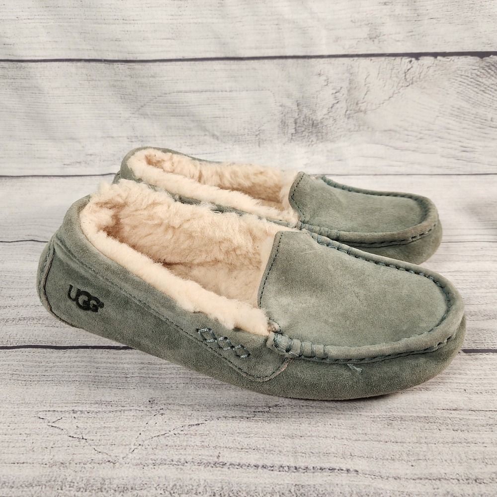 UGG Ansley Womens Size 7 Suede Wool Lined Moccasin Slippers 3312 Greenish/Blue